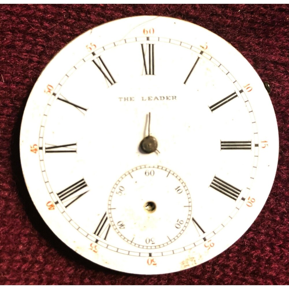 Vintage The Leader Pocket Watch Movement Manual Wind White Roman Dial FOR PARTS
